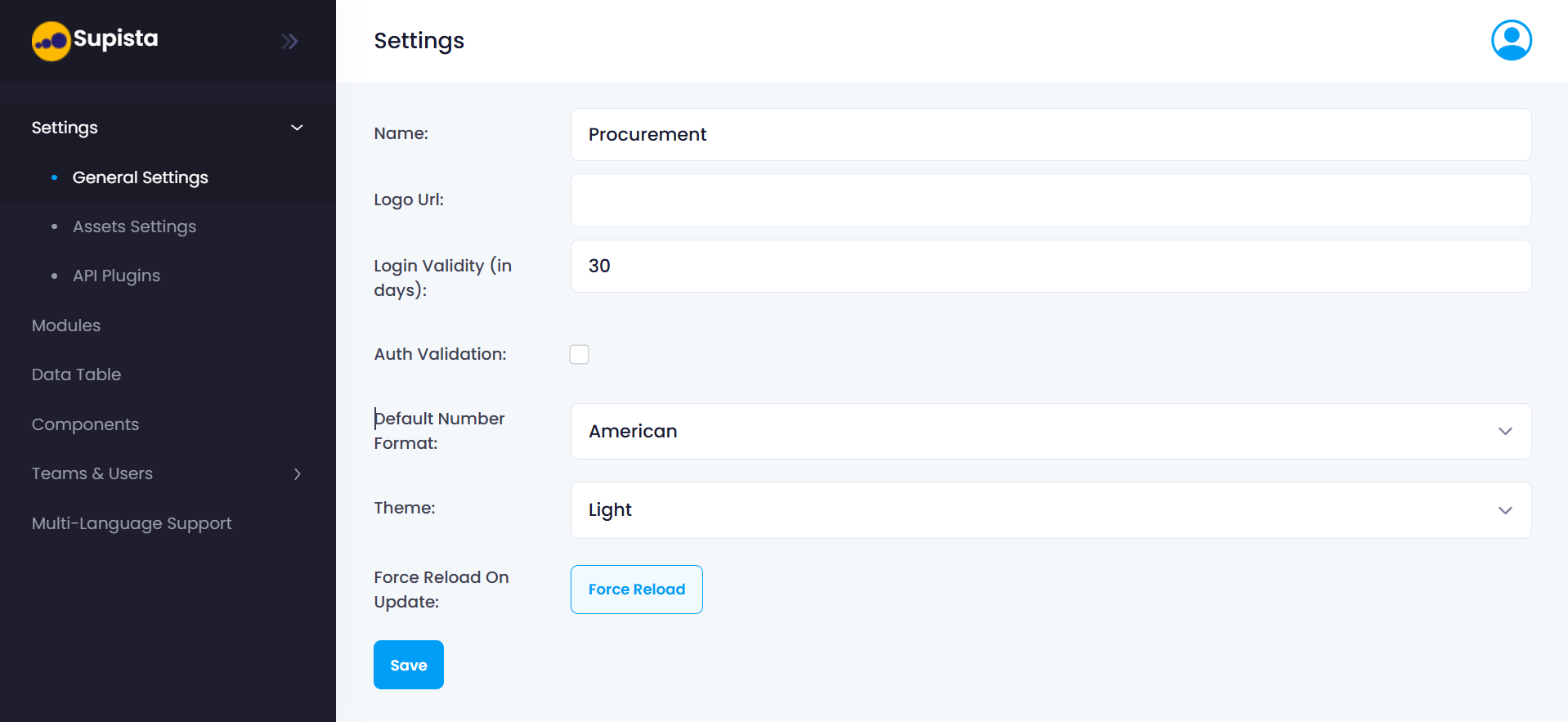 General Settings Interface