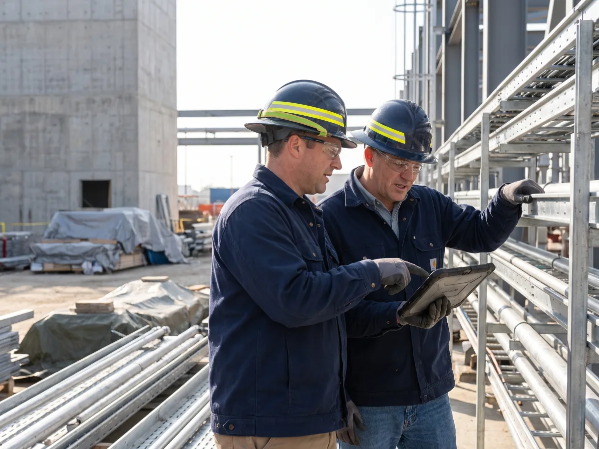 EPC engineers reviewing a field update on a tablet at an industrial construction site