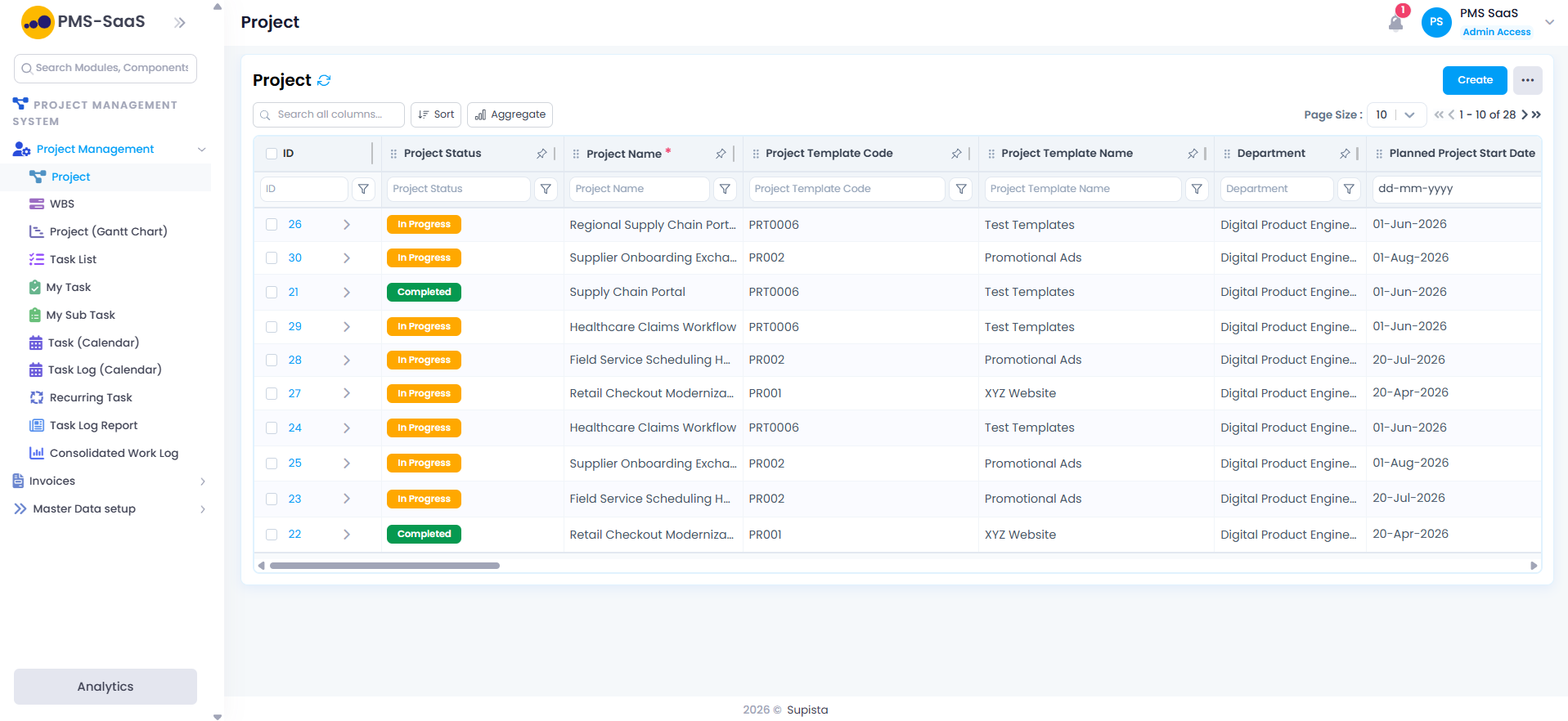Supista Projects list showing project status, template, department, and planned start date fields