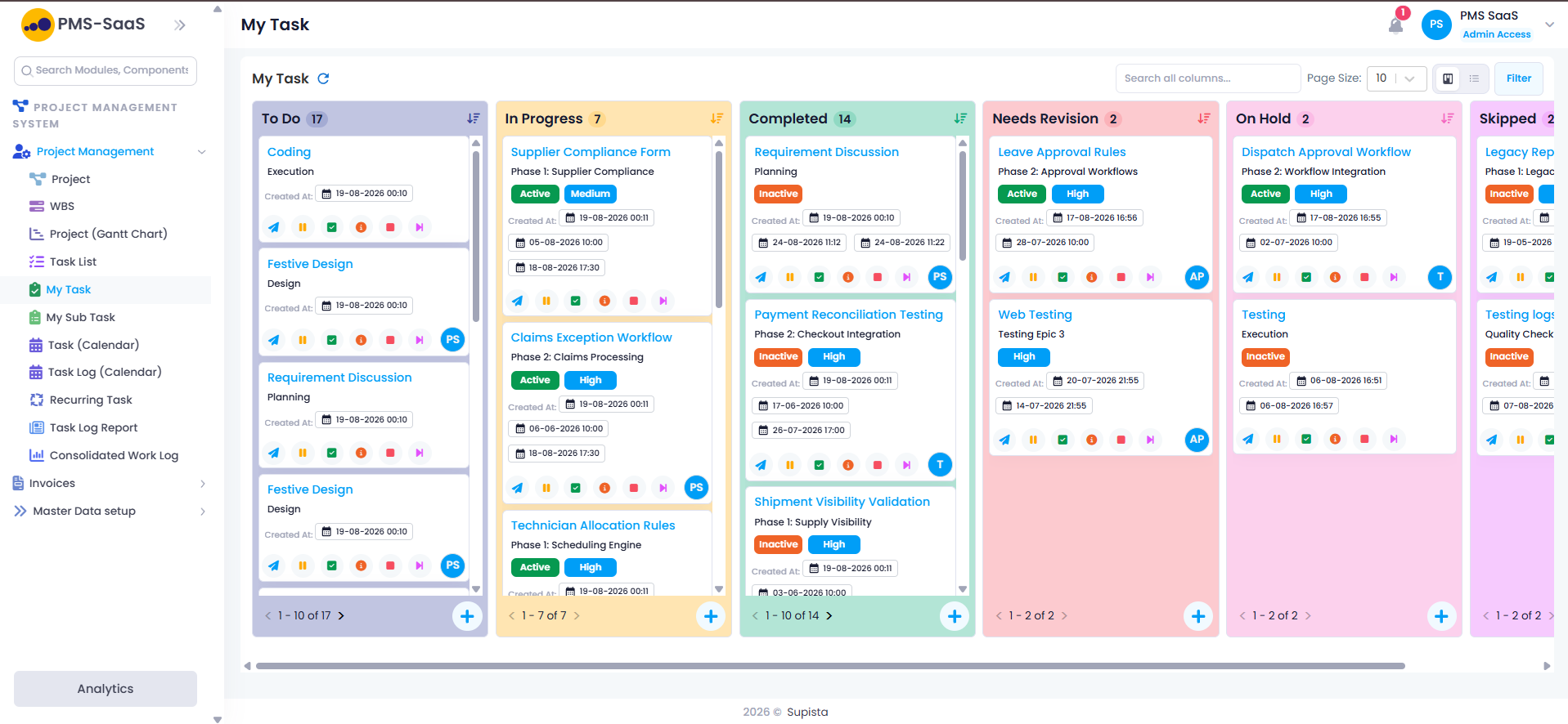 Supista Projects Kanban view showing tasks, workflow stages, priorities, dates, and owners
