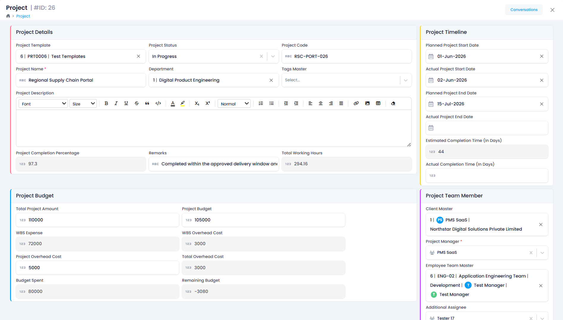 Supista Projects record showing project details, timeline, budget, and assigned team members