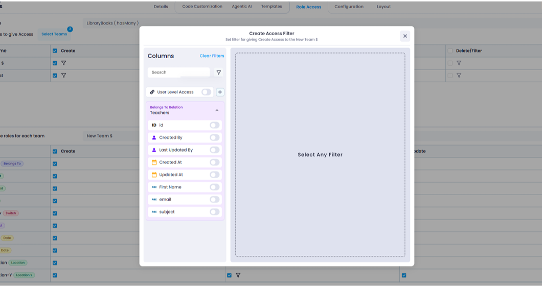 Create Role Access Filter configuration showing the primary table as a filter source